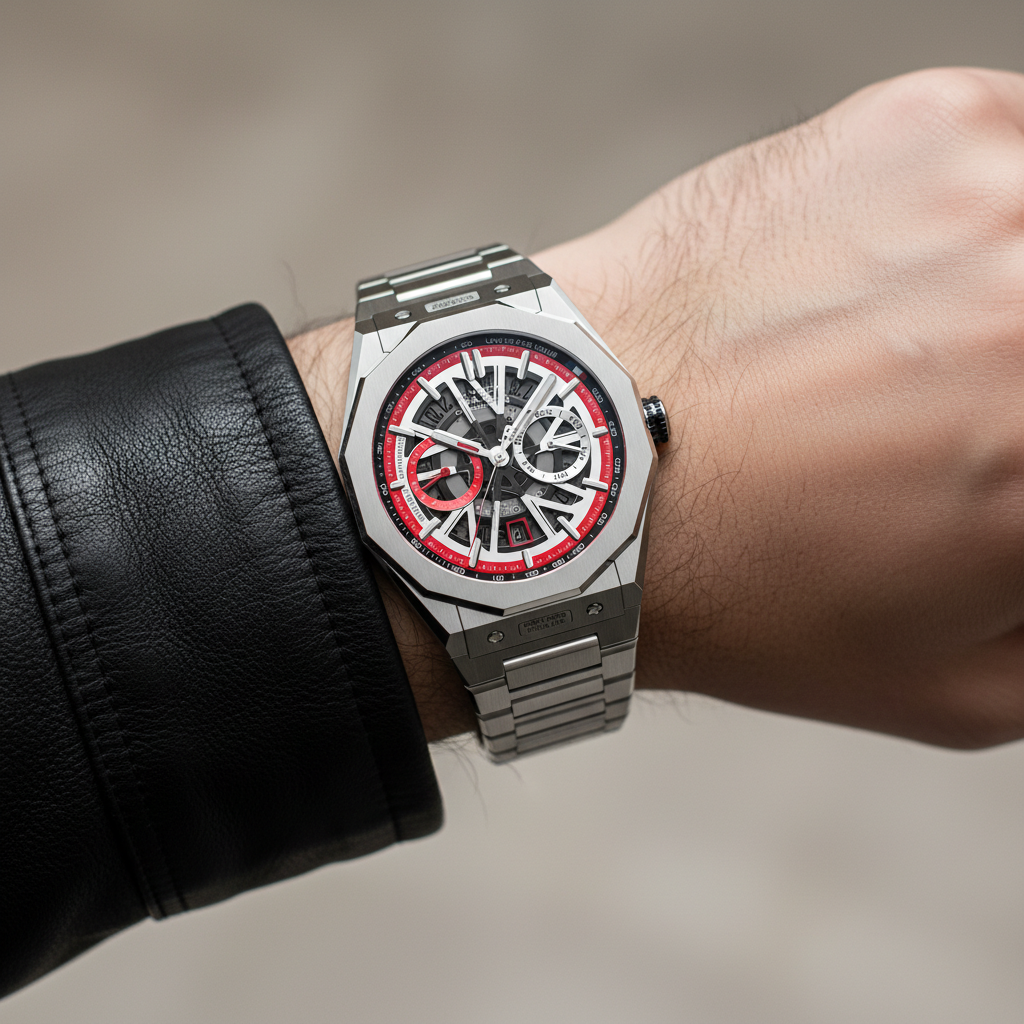 Bonest Gatti BG9601-S automatic skeleton watch for men with red dial worn on wrist stainless steel bracelet