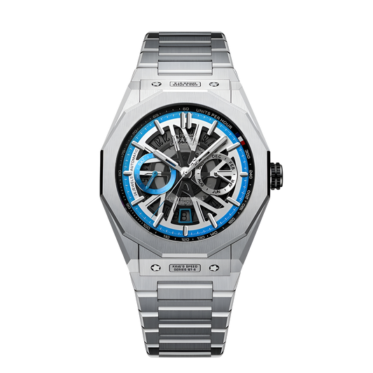 Front view of BONEST GATTI BG9601-S automatic skeleton steel watch for men with blue accent dial