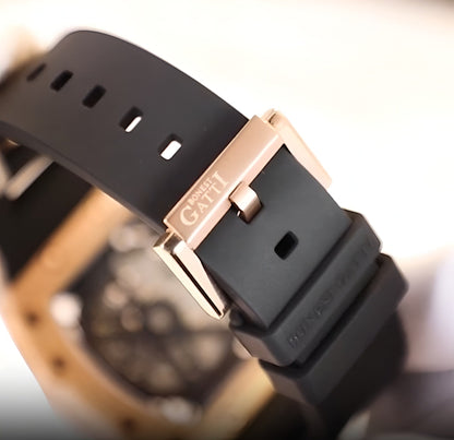 Bonest Gatti BG9905 Dark Edition skeleton automatic watch buckle detail with black rubber strap and engraved clasp