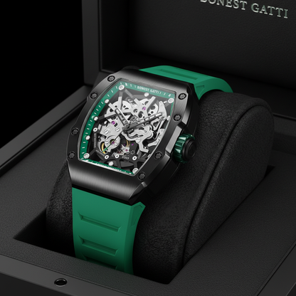 BONEST GATTI BG9905 tonneau skeleton automatic watch displayed in luxury presentation box