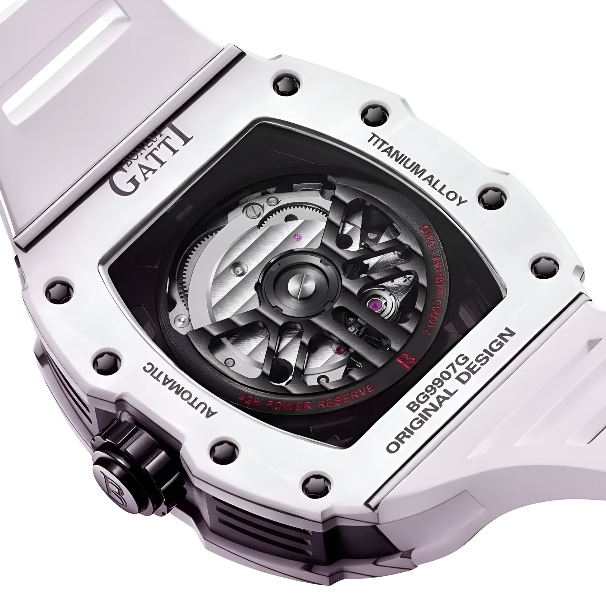 BONEST GATTI BG9907 automatic skeleton watch caseback with visible movement, titanium alloy construction and sapphire crystal window