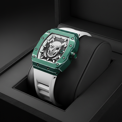 Bonest Gatti BG9908 automatic skeleton watch with carbon fiber case displayed in luxury presentation box