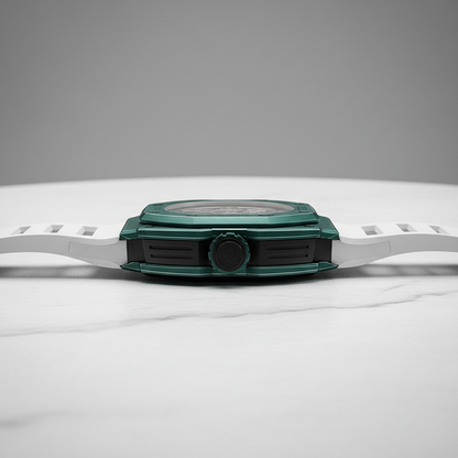 Side profile of Bonest Gatti BG9908 automatic skeleton watch showing carbon fiber case thickness and crown