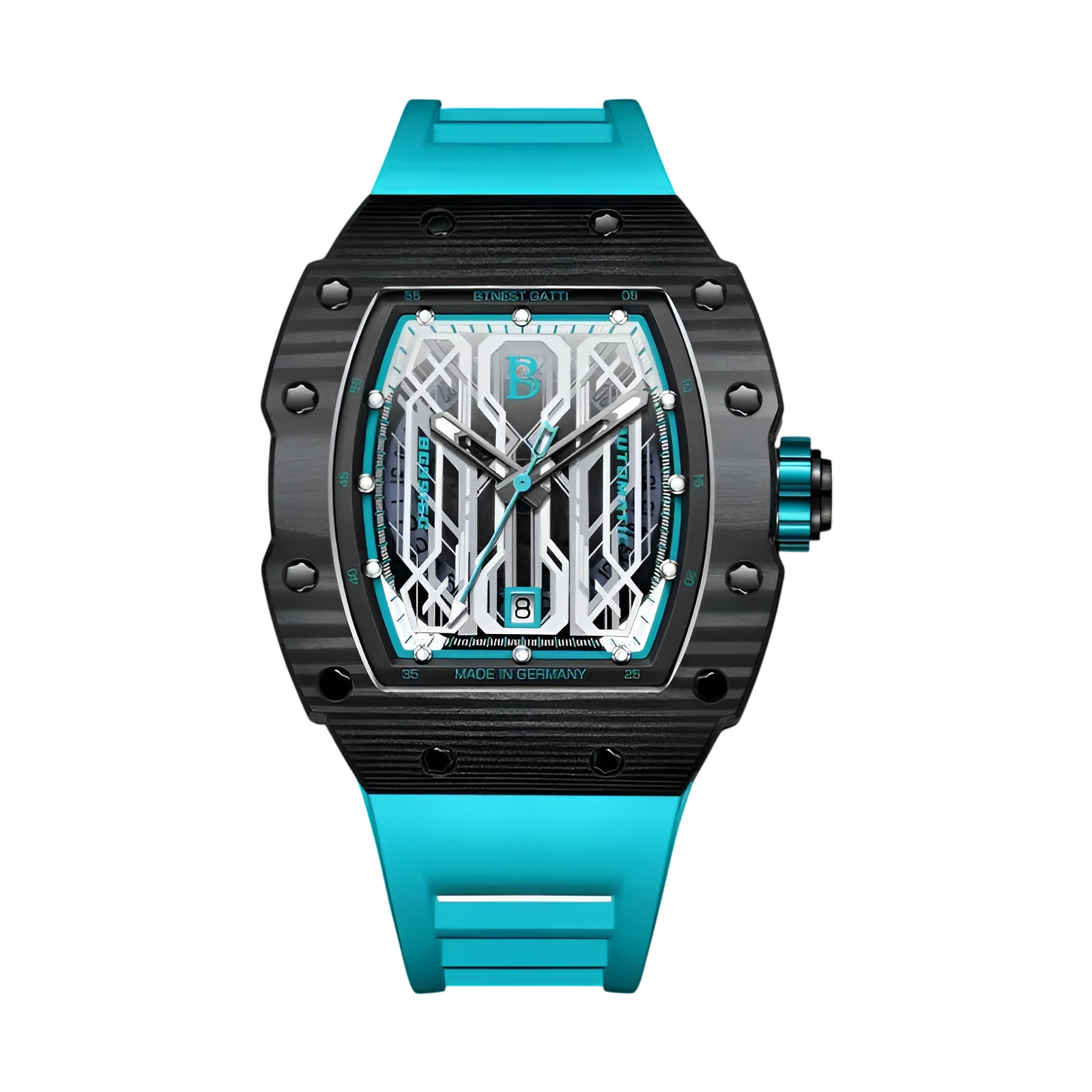 BONEST GATTI BG9916 tonneau carbon fiber titanium automatic watch with blue strap and skeleton dial