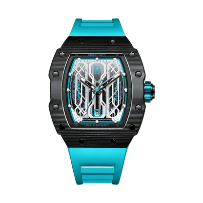 BONEST GATTI BG9916 tonneau carbon fiber titanium automatic watch with blue strap and skeleton dial