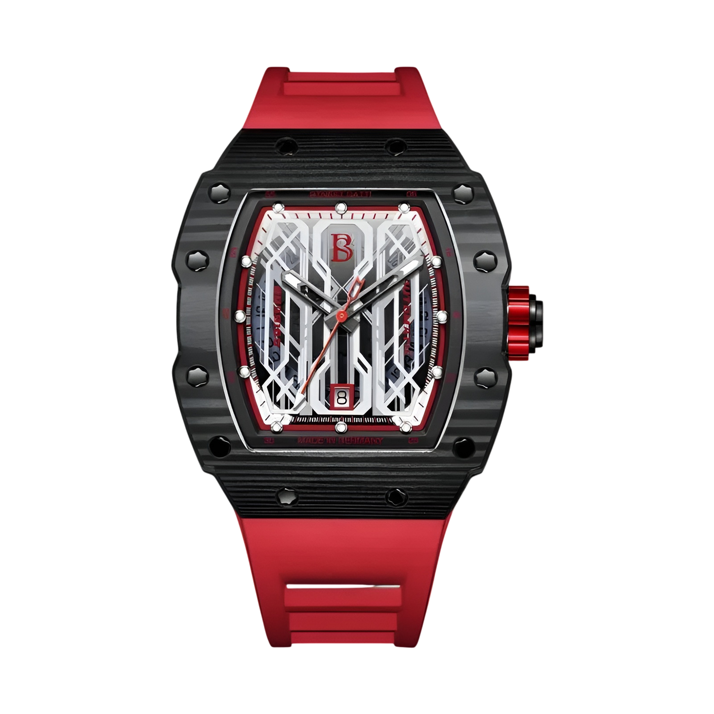 BONEST GATTI BG9916 tonneau carbon fiber titanium automatic watch with red strap and skeleton dial