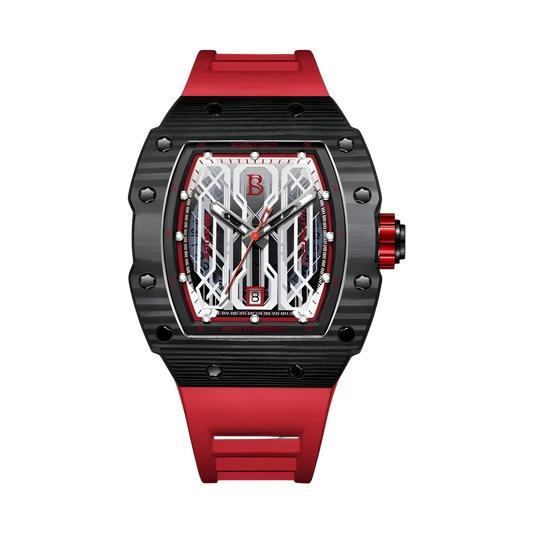 BONEST GATTI BG9916 tonneau carbon fiber titanium automatic watch with red strap and skeleton dial