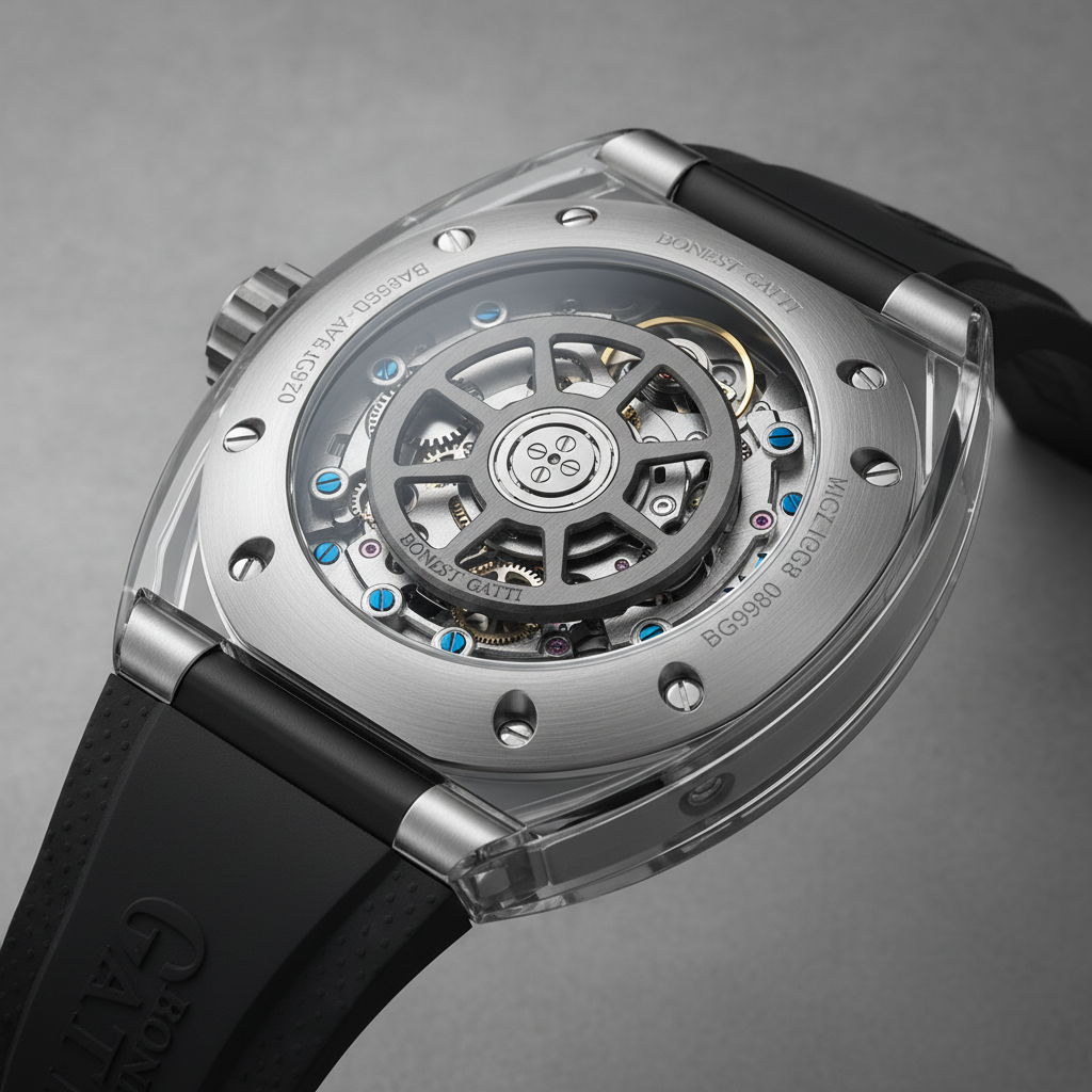 Close-up of BONEST GATTI BG9980 transparent case back revealing automatic mechanical movement, steel rotor, and sapphire glass construction