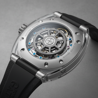 Close-up of BONEST GATTI BG9980 transparent case back revealing automatic mechanical movement, steel rotor, and sapphire glass construction