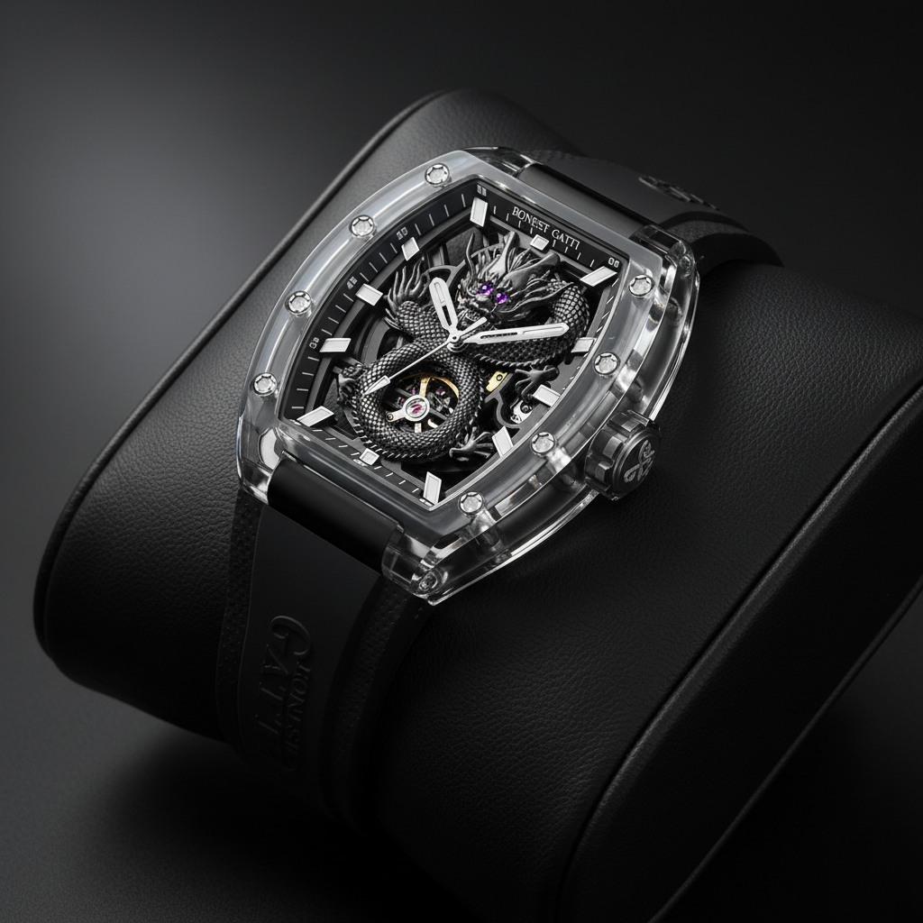 BONEST GATTI BG9980 hollow dragon skeleton dial automatic watch displayed in angled luxury shot with transparent glass case and black strap