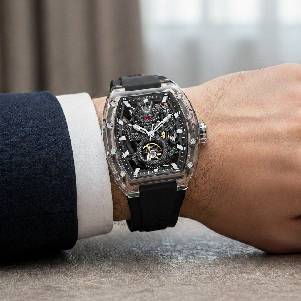 BONEST GATTI BG9980 automatic watch worn on wrist featuring hollow dragon skeleton dial and glass tonneau case