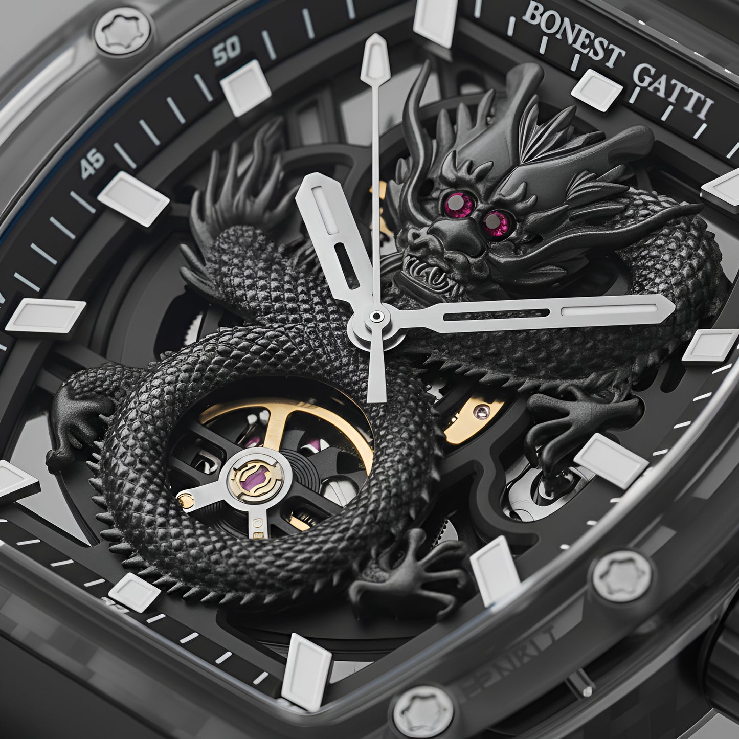 Close-up of BONEST GATTI BG9980 hollow dragon dial with skeleton automatic movement and luminous hands