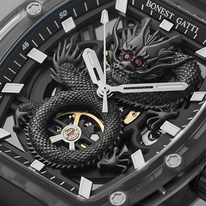 Close-up of BONEST GATTI BG9980 hollow dragon dial with skeleton automatic movement and luminous hands
