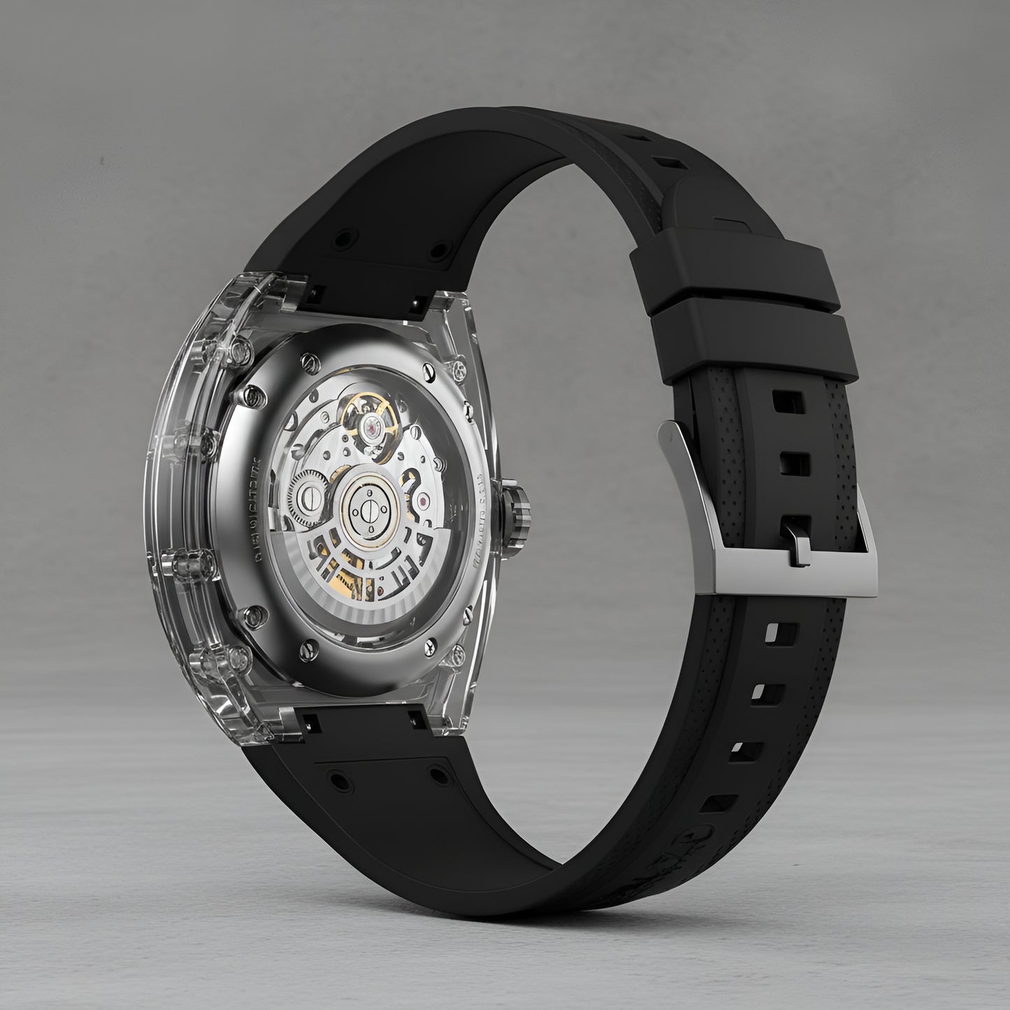 Transparent case back of BONEST GATTI BG9980 showing automatic mechanical movement and steel rotor