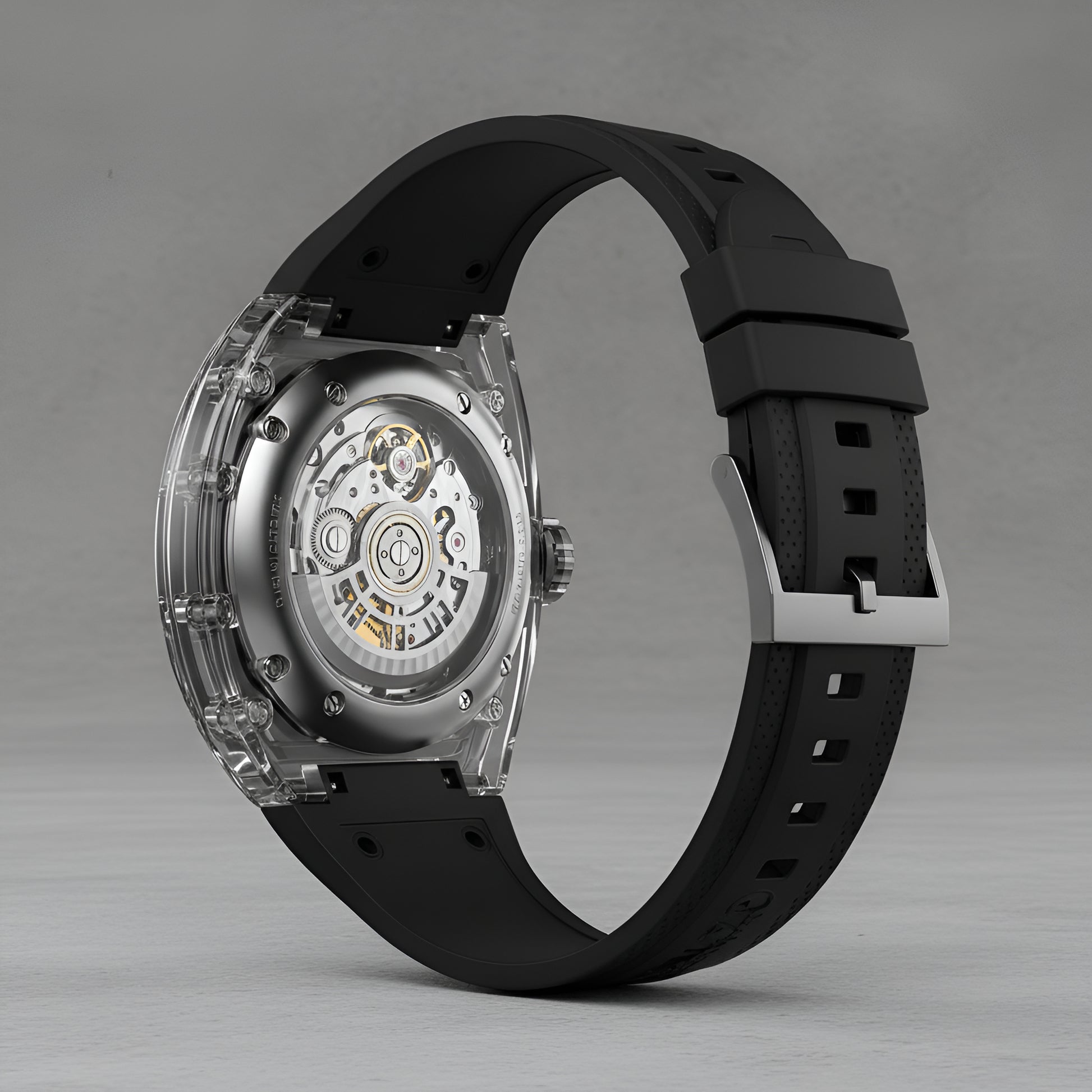 Transparent case back of BONEST GATTI BG9980 showing automatic mechanical movement and steel rotor