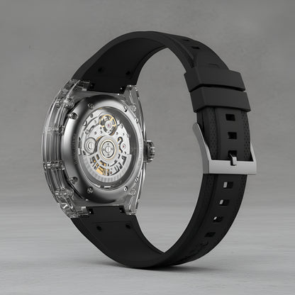 Transparent case back of BONEST GATTI BG9980 showing automatic mechanical movement and steel rotor