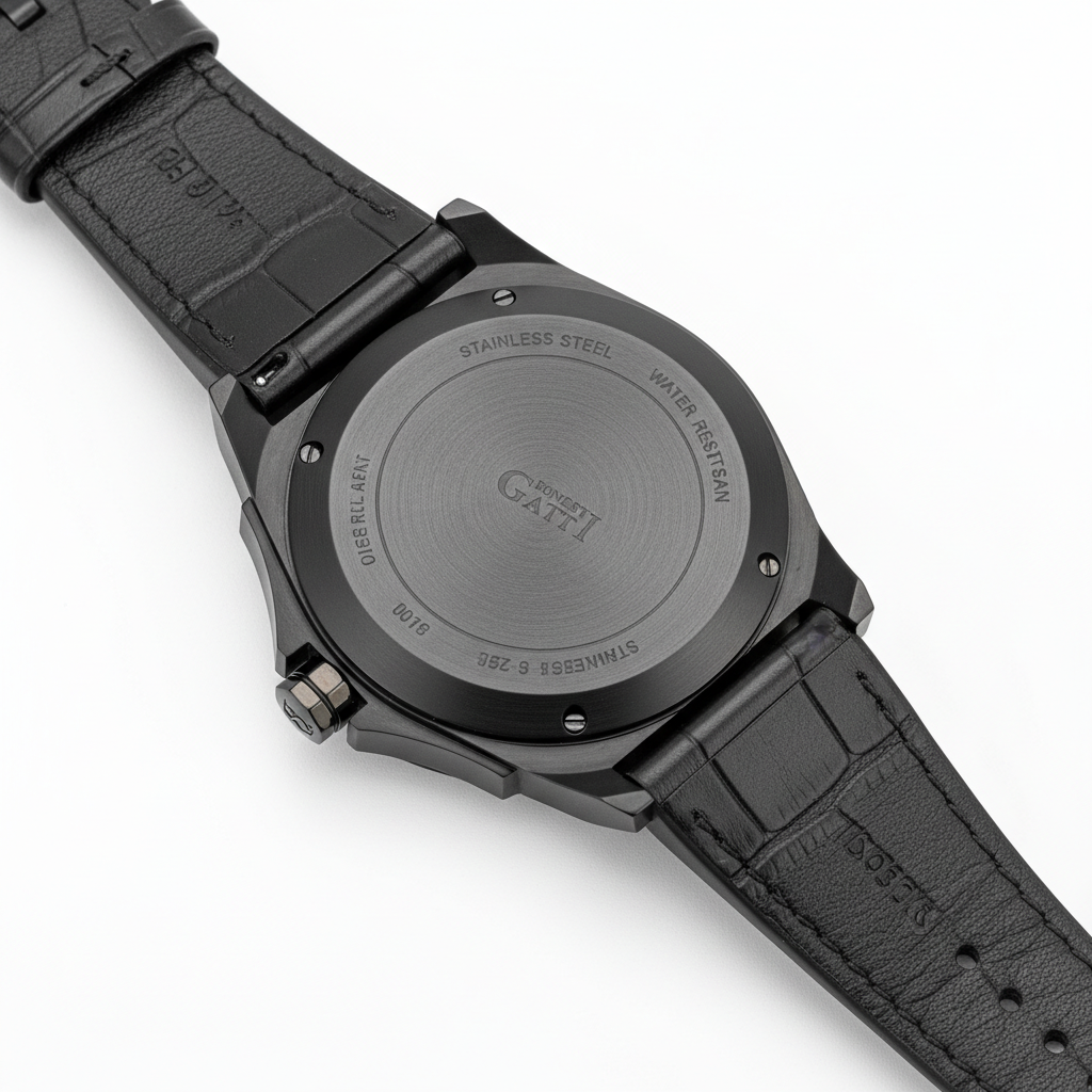 Rear view of Bonest Gatti black automatic watch showing stainless steel case back and leather strap attachment