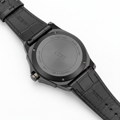 Rear view of Bonest Gatti black automatic watch showing stainless steel case back and leather strap attachment