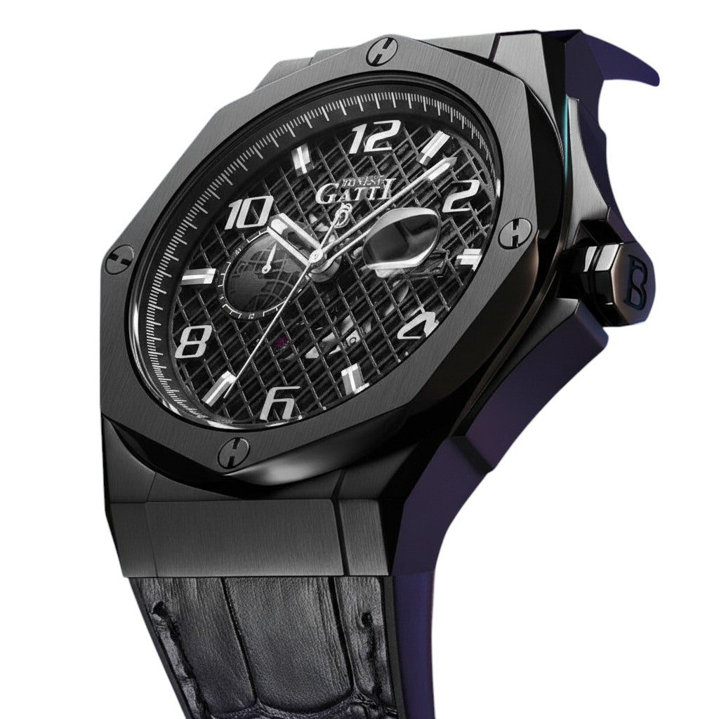 Side view of Bonest Gatti automatic watch highlighting black case finish and crown detail