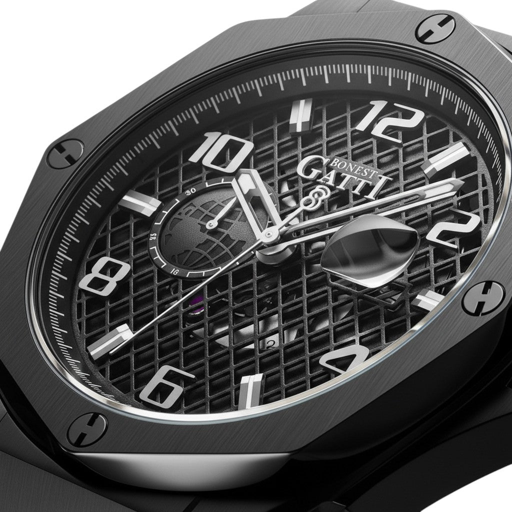 Macro close-up of Bonest Gatti automatic watch dial with black textured grid design and luminous markers