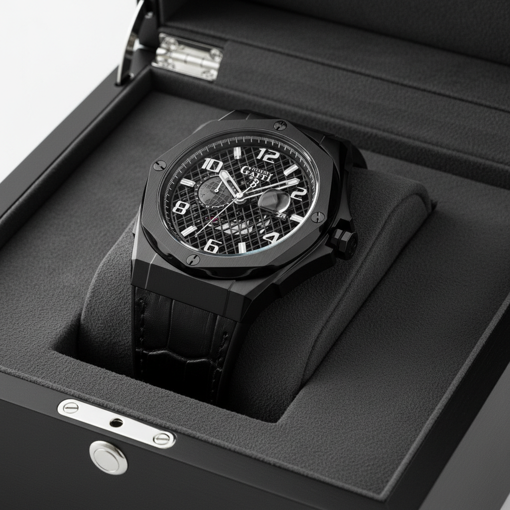 Bonest Gatti black automatic watch displayed inside premium presentation box