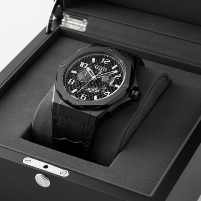 Bonest Gatti black automatic watch displayed inside premium presentation box