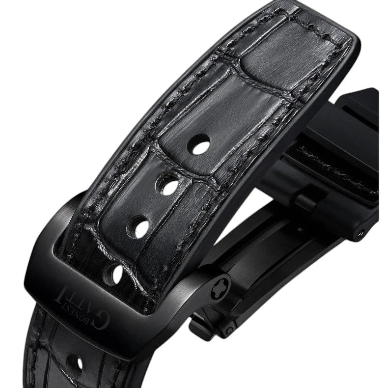 Close-up of Bonest Gatti black leather strap with folding clasp detail