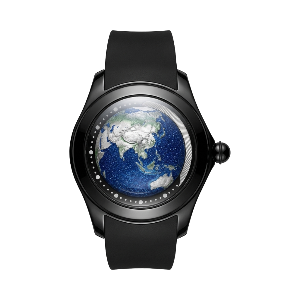 BREITVACHER Blue Planet - black case 3d globe dial front view packshot