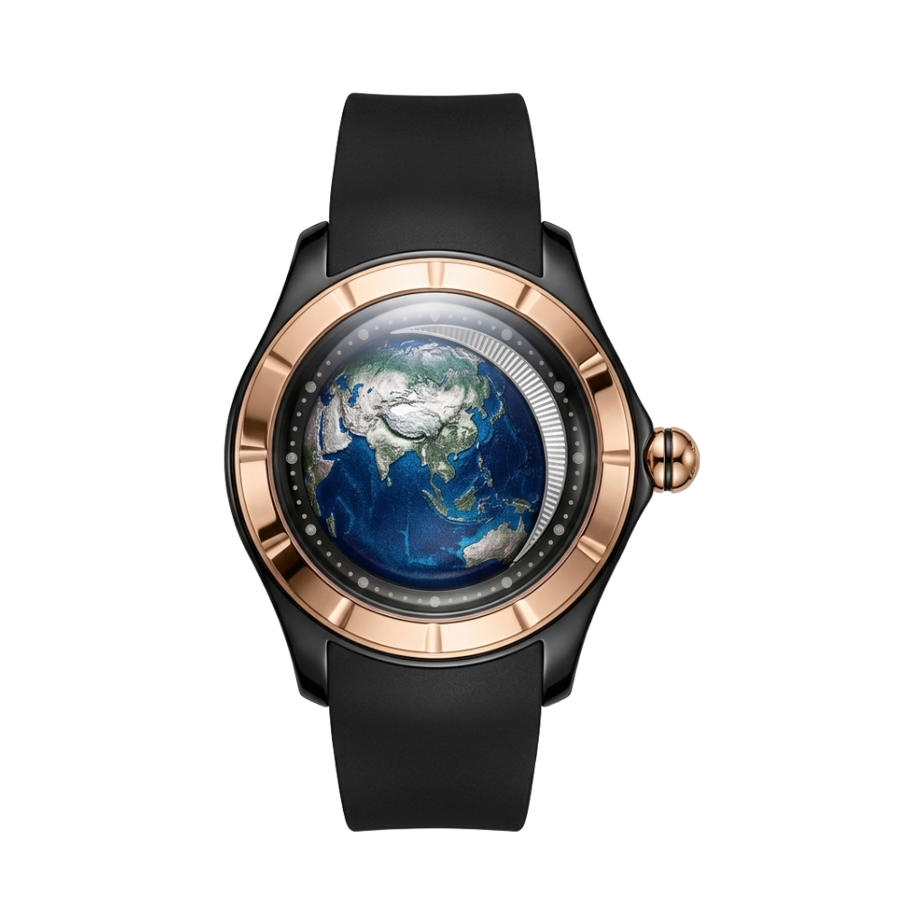BREITVACHER Blue Planet - rose gold case 3d globe dial front view packshot