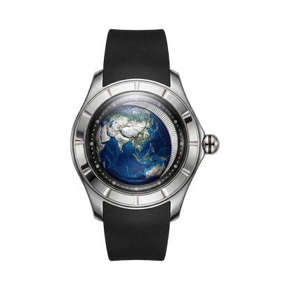 BREITVACHER Blue Planet - steel case 3d globe dial front view packshot