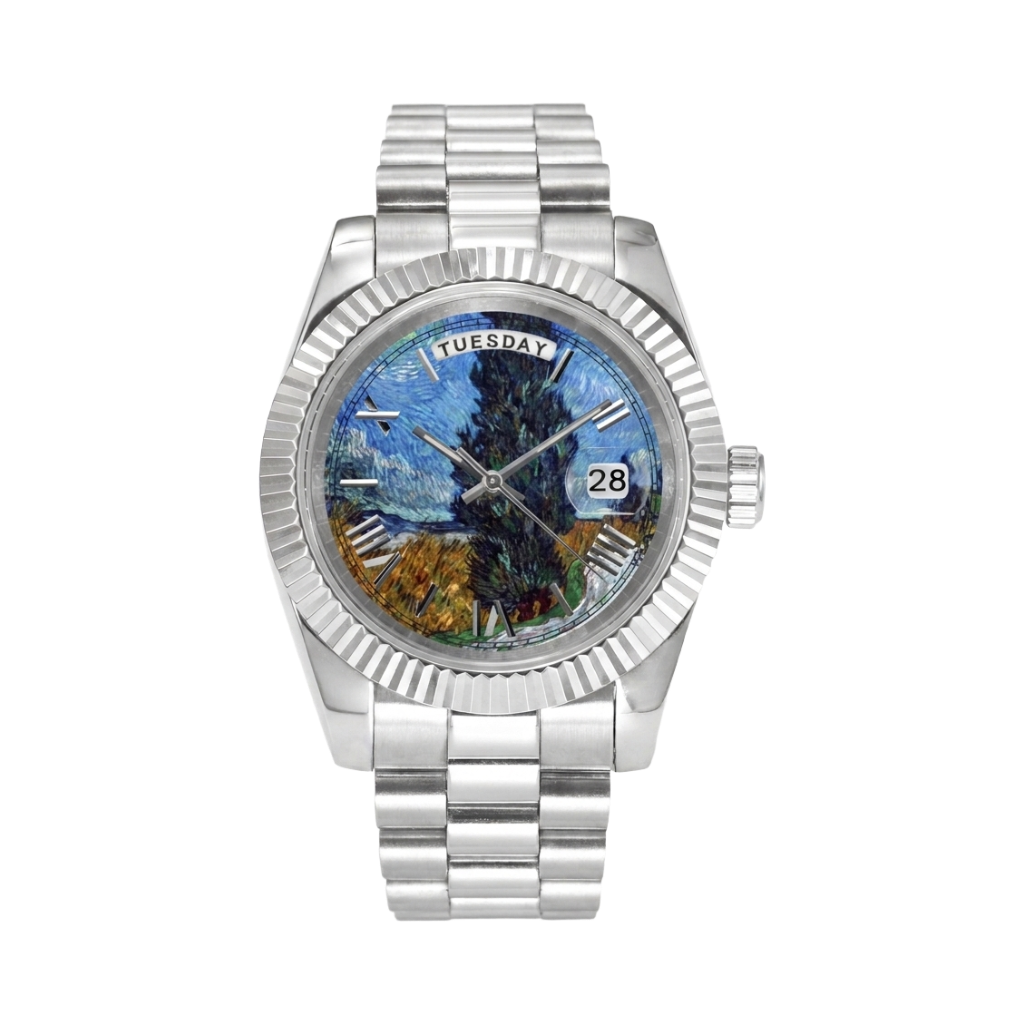 BREITVACHER Van Gogh Day-Date - wheat field with cypresses front view packshot