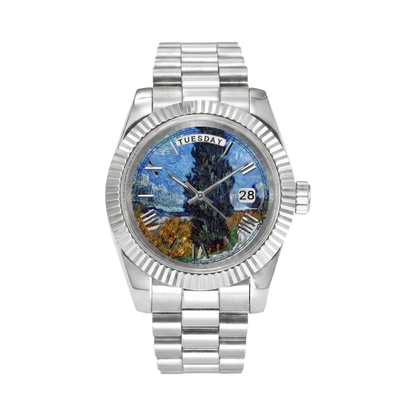 BREITVACHER Van Gogh Day-Date - wheat field with cypresses front view packshot