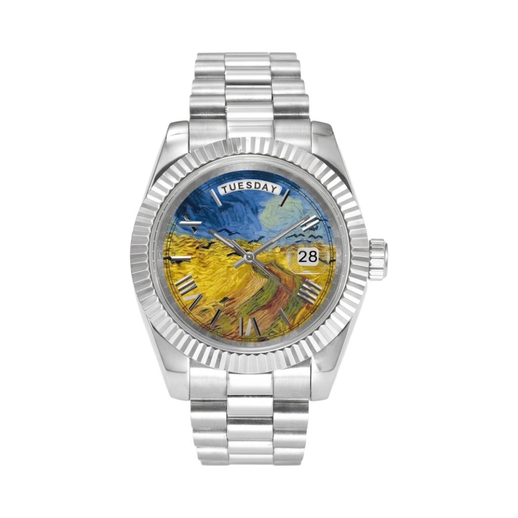 BREITVACHER Van Gogh Day-Date - wheatfield with crows front view packshot