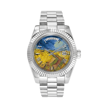 BREITVACHER Van Gogh Day-Date - wheatfield with crows front view packshot