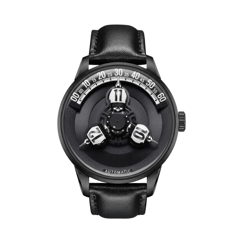 BREITVACHER Vortichron Black Leather - Wandering Hour Watch with Miyota 8215 Movement