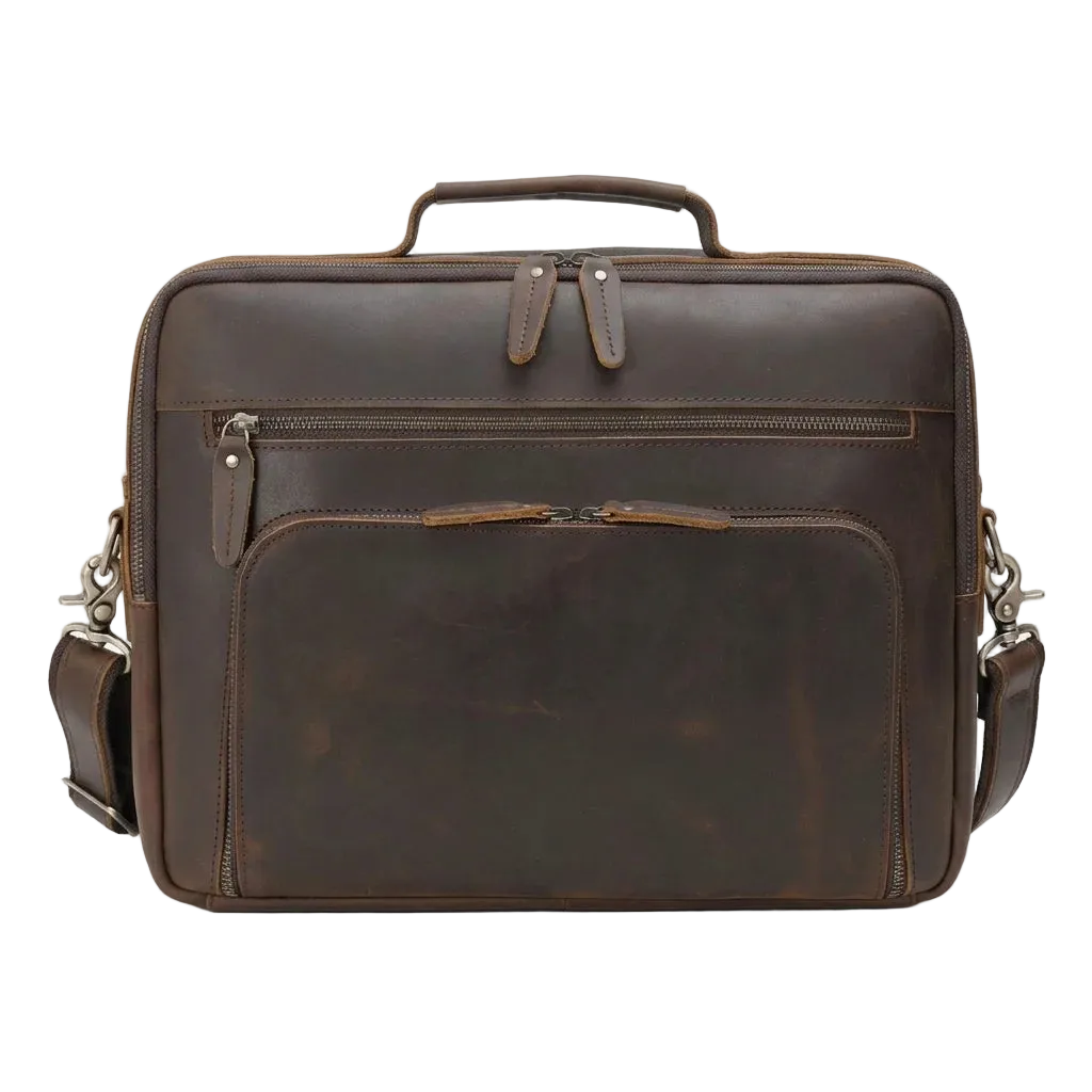 Men's Leather Laptop Briefcase with Dual Front Zip Pockets — front view in dark brown with shoulder strap