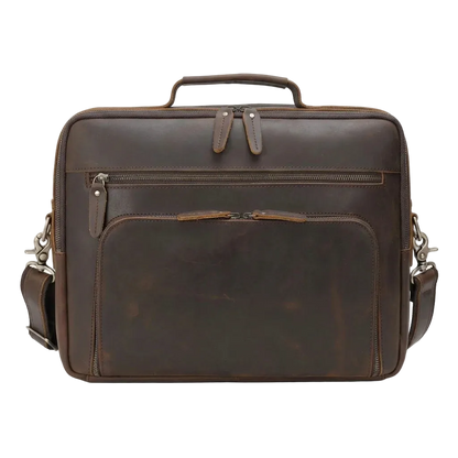 Men's Leather Laptop Briefcase with Dual Front Zip Pockets — front view in dark brown with shoulder strap