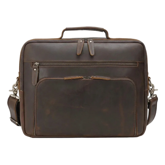 Men's Leather Laptop Briefcase with Dual Front Zip Pockets — front view in dark brown with shoulder strap
