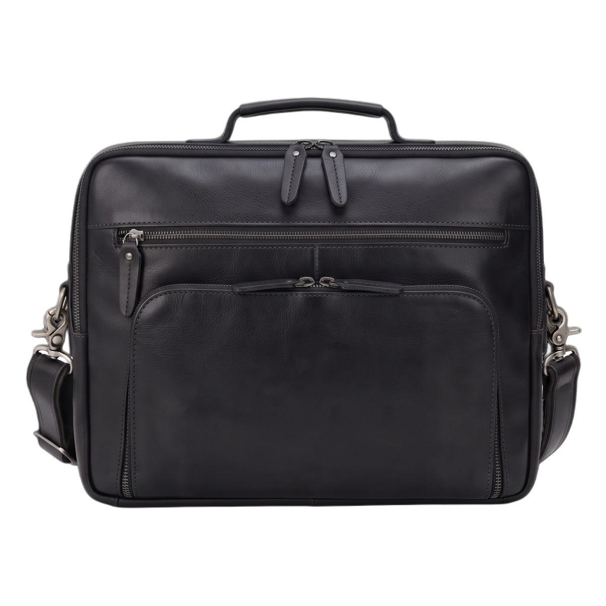 Men's Leather Laptop Briefcase with Dual Front Zip Pockets — front view in black