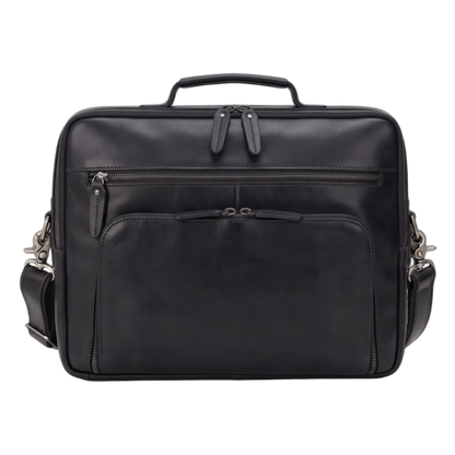 Men's Leather Laptop Briefcase with Dual Front Zip Pockets — front view in black