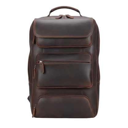 Vintage Leather Adventure Rucksack — front view in Dark Brown with stacked front pockets