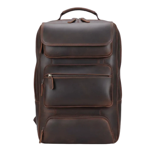 Vintage Leather Adventure Rucksack — front view in Dark Brown with stacked front pockets