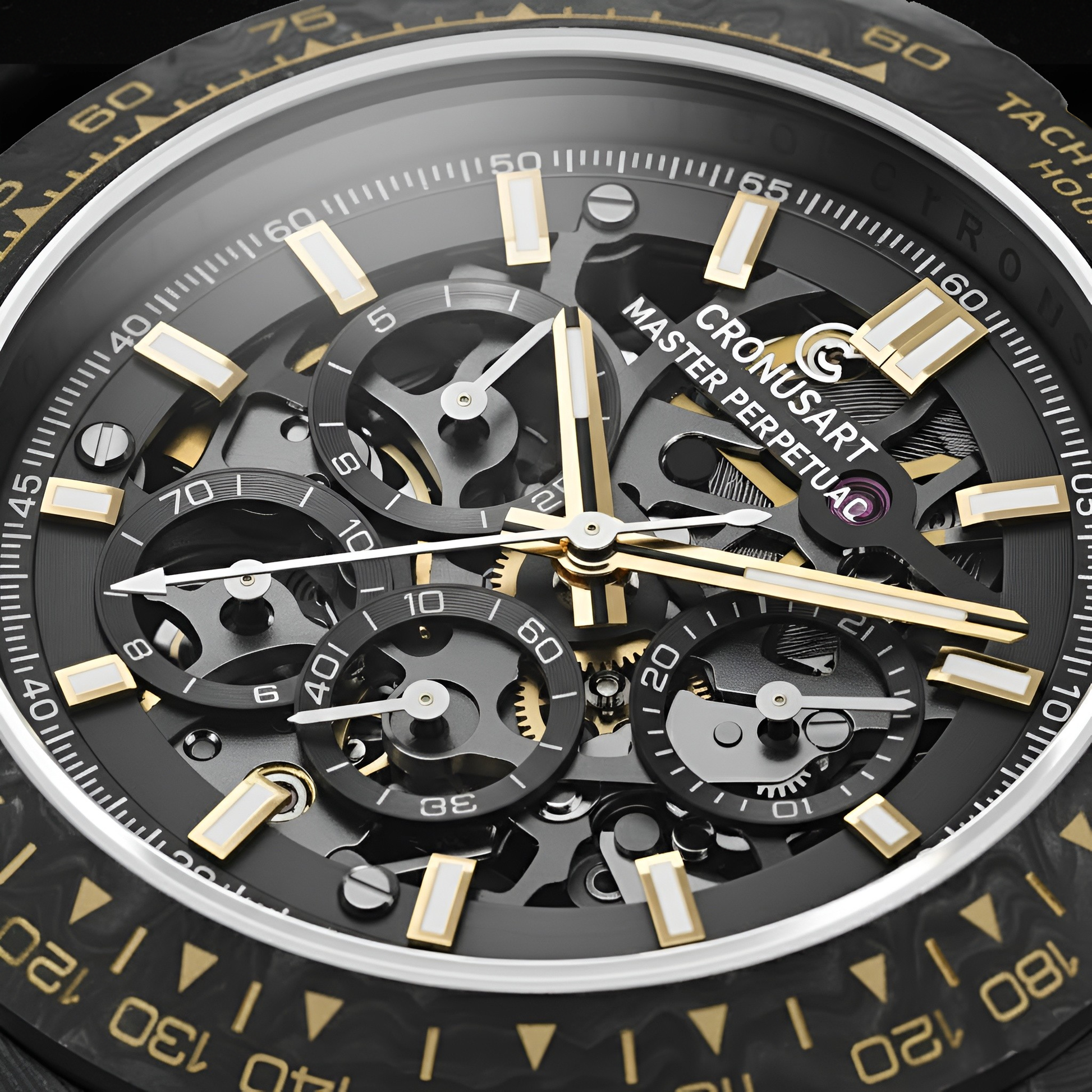CRONUSART CM016-027 - Men’s Automatic Watch - Close up of sapphire mirror dial on CRONUSART men’s automatic chronograph watch