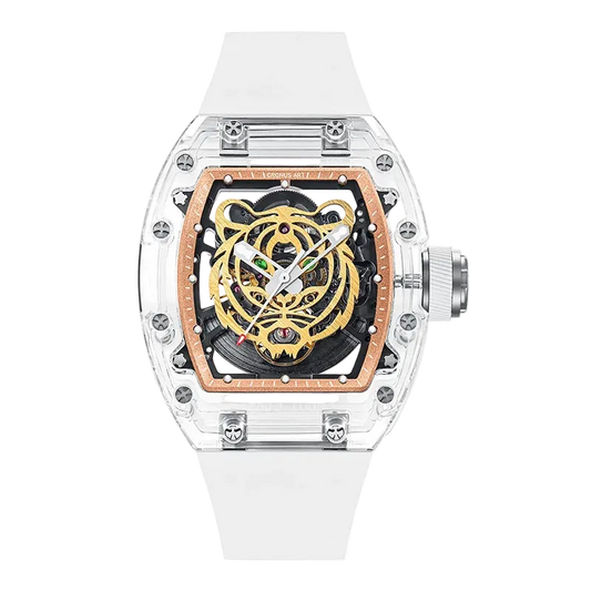 Front view of CRONUSART CM001-001 men automatic watch with luminous tiger skeleton dial and transparent tonneau case