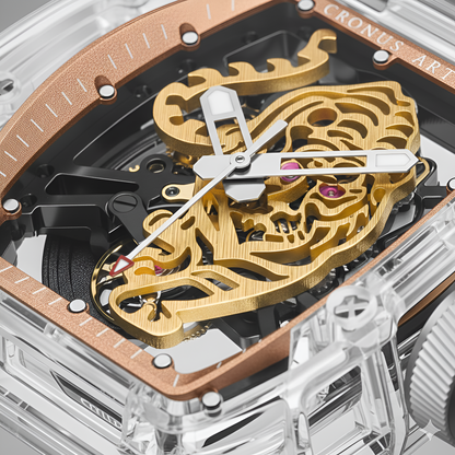Macro close-up of tiger skeleton dial revealing automatic mechanical movement in CRONUSART CM001-002 watch
