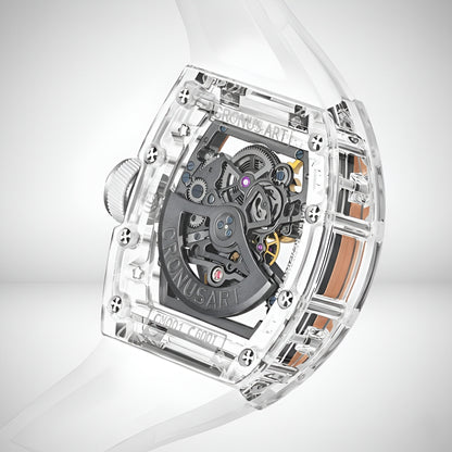 Rear view of CRONUSART CM001-002 skeleton watch revealing automatic mechanical movement through transparent case