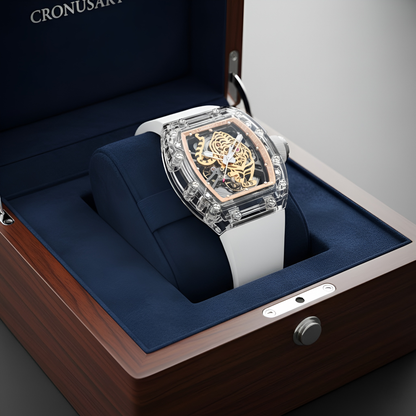 CRONUSART CM001-002 men’s automatic skeleton tiger watch displayed inside presentation box