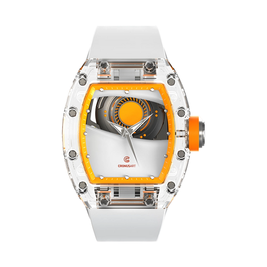 Cronusart CM001-035 - Mars Eye transparent automatic watch with clear acrylic case and orange planetary dial, front view