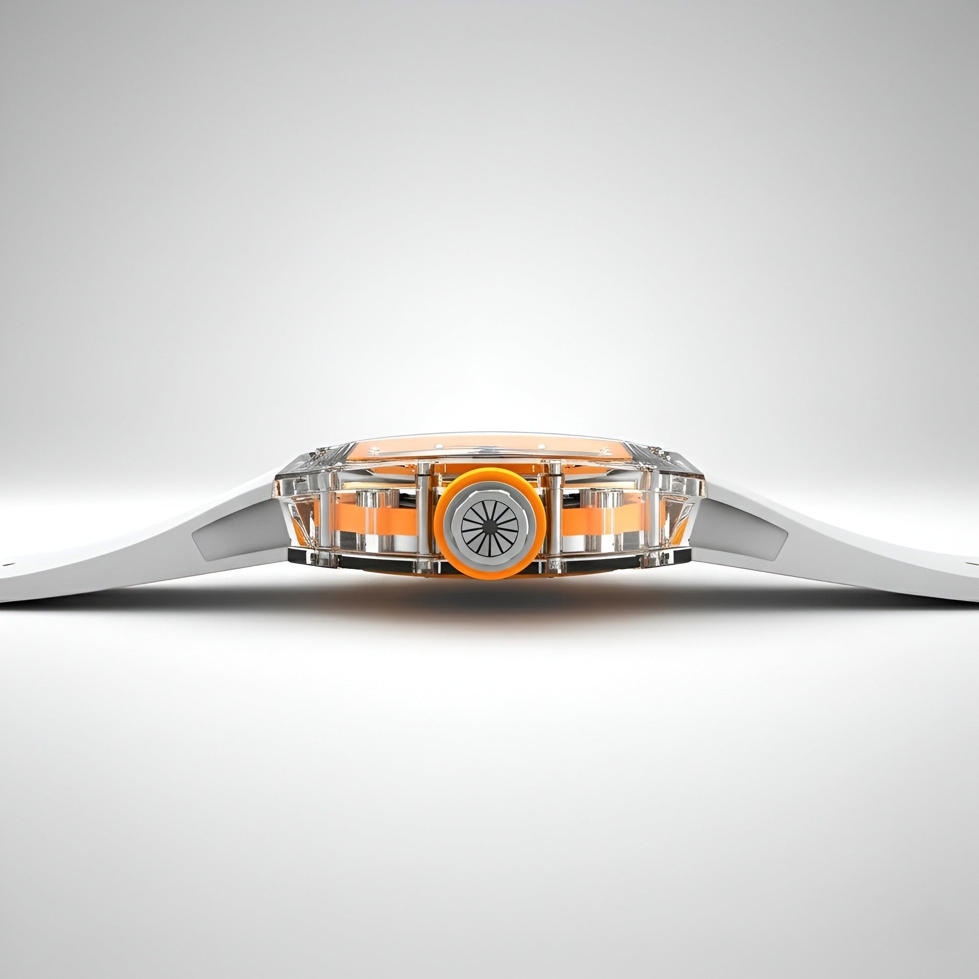Side profile of CRONUSART CM001-035 transparent automatic watch showing acrylic case and crown