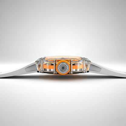 Side profile of CRONUSART CM001-035 transparent automatic watch showing acrylic case and crown